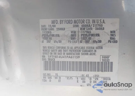 2001 Ford Ranger Edge/Edge Plus/Xl/Xlt из США, поврежденный, VIN 1FTYR14U41PA61159